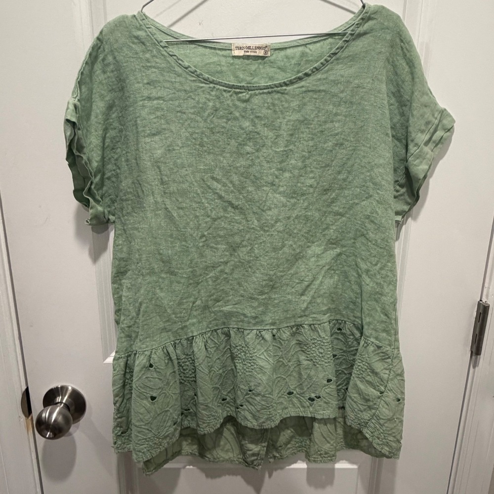 Terzo Millennio Womens Top Eyelet Embroidered Linen‎ Green Size S